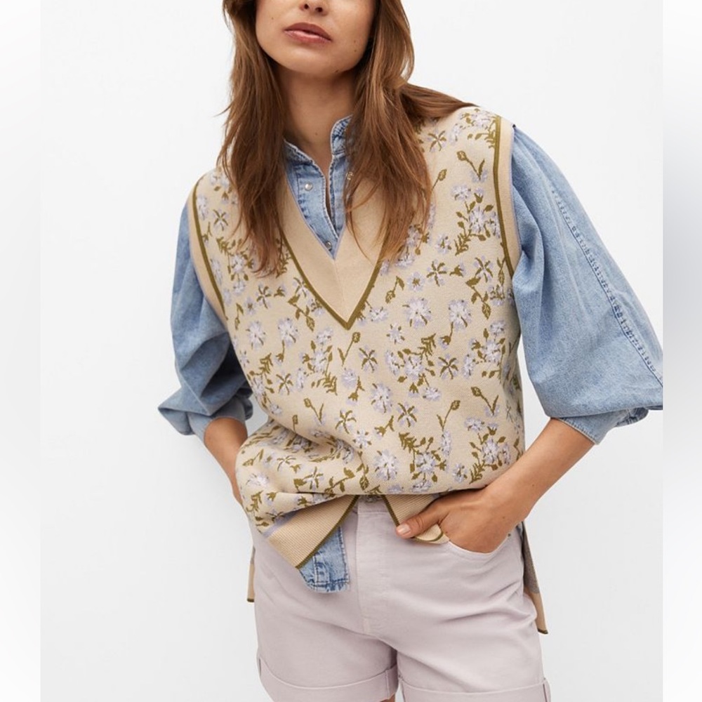 Mango Floral V-Neck Sweater Vest in Beige and Olive